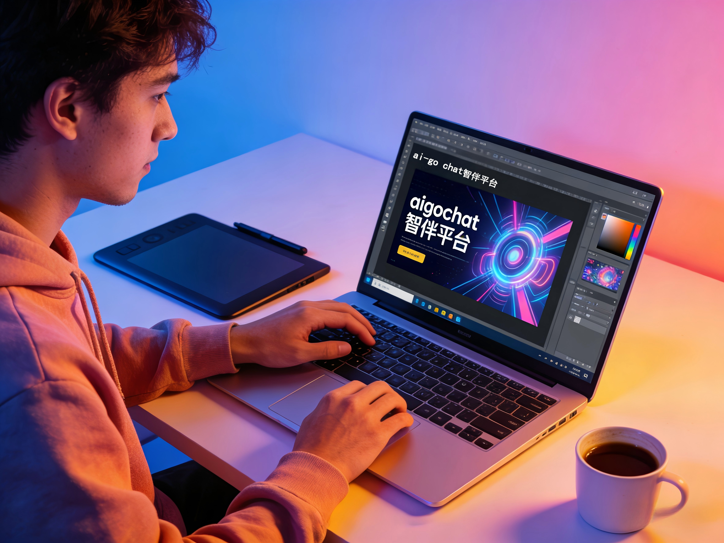 现代化智能家居场景，包含智能音箱、平板电脑等设备，蓝色渐变背景，光线柔和温馨